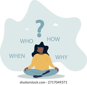 5w1h haciendo preguntas de solución para resolver problemas, procesos de pensamiento o análisis de negocios para obtener un nuevo concepto de idea. Vida y empleo de las personas.