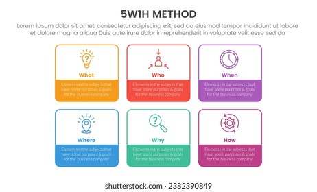 5W1H problem solving method infographic 6 point stage template with big box outline table with colorfull content for slide presentation