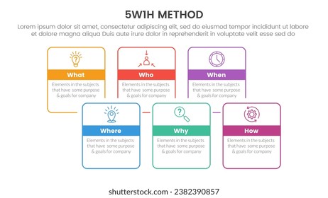 5W1H problem solving method infographic 6 point stage template with outline box with badge header for slide presentation