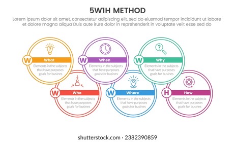 5W1H problem solving method infographic 6 point stage template with big circle outline up and down merge for slide presentation
