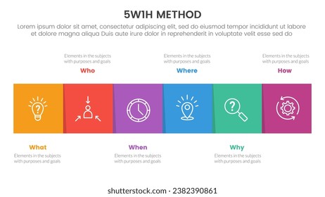 5W1H-Problemlösungsmethode Infografische 6-Punkt-Vorlage mit quadratischem Kasten auf horizontaler Richtung für die Präsentation der Folie