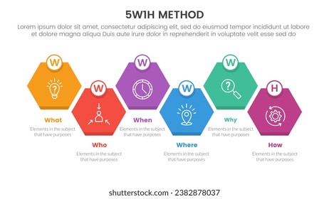 5W1H problem solving method infographic 6 point stage template with hexagon or hexagonal up and down for slide presentation