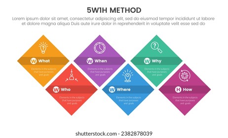 5W1H problem solving method infographic 6 point stage template with diamond shape structure horizontal direction for slide presentation