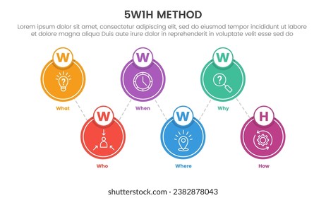 5W1H problem solving method infographic 6 point stage template with circle shape with icon with line connection for slide presentation