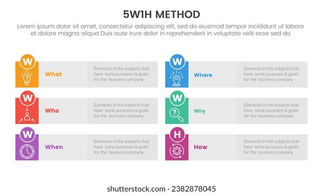 5W1H problem solving method infographic 6 point stage template with long rectangle box symmetric structure for slide presentation