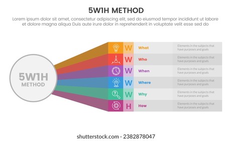 5W1H método de resolución de problemas infografía plantilla de 6 puntos con forma de rectángulo arcoiris largo de círculo grande para presentación de diapositivas