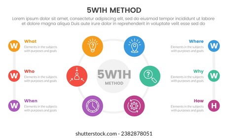 5W1H problem solving method infographic 6 point stage template with circle icon on cycle circular and description on left and right layout for slide presentation