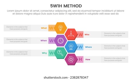 5W1H problem solving method infographic 6 point stage template with hexagon shape vertical structure for slide presentation