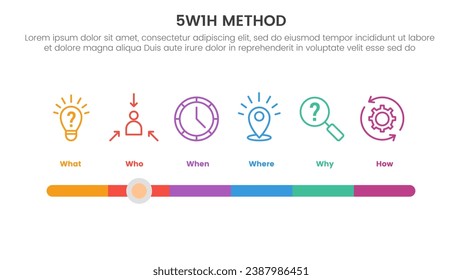 5W1H problem solving method infographic 6 point stage template with timeline bar slider concept for slide presentation