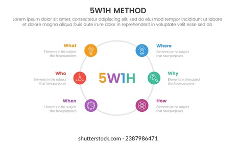 5W1H problem solving method infographic 6 point stage template with small circle with big circle around for slide presentation