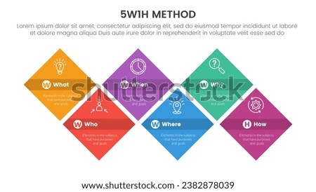 5W1H problem solving method infographic 6 point stage template with diamond shape structure horizontal direction for slide presentation