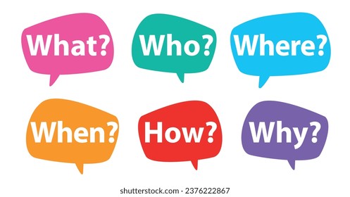 5W1H questions speech bubble set: what?, who?, where, when?, how? and why?