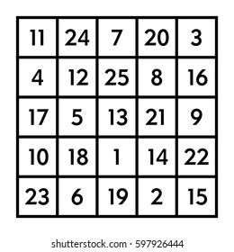 5x5 mágico cuadrado del orden 5 del planeta astrológico Marte con la constante mágica 65. La suma de números en cualquier fila, columna o diagonal es siempre sesenta y cinco. Ilustración aislada en blanco y negro. Vector.
