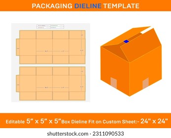 5x5x5'' Carton Regular Slotted Container Box, Dieline Template