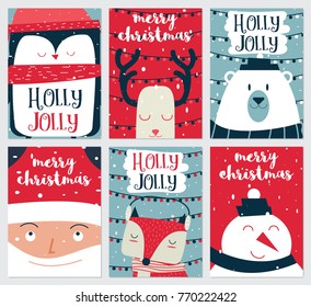 5x7 Christmas Card Set - Animals, Snowman and Santa. Six Cards.