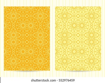 5x7 inch size cards decorated with mandala in yellow color. Vector template in eastern, oriental style for restaurant menu, flyer, greeting card, brochure, book cover and any other decoration. 