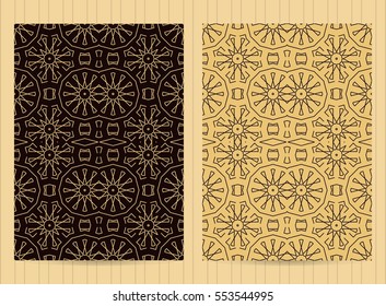 5x7 inch size cards decorated with mandala in golden color. Vector template in eastern, oriental style for restaurant menu, flyer, greeting card, brochure, book cover and any other decoration. 