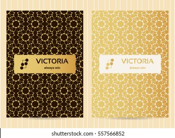 5x7 inch size cards in golden color with lines and dots. Vector luxury templates for restaurant menu, flyer, greeting card, brochure, book cover and any other decoration. 