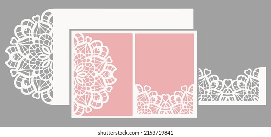 5x7 Lace hearts tri-fold card template vector for cutting, do it yourself crafts, wedding invitation and valentine card projects.