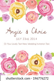 5x7 Save The Date or Wedding Invitation Vector With Ranunculus Hand Drawn Flowers.