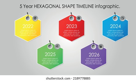  5-Year HEXAGONAL SHAPE TIMELINE infographic Vector illustration template with icons and 5 options or steps. It can be used for processes, presentations, layout, banners, Slide, and info graphs
