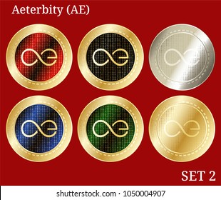 6 in 1 set of Aeternity (AE) cryptocurrency phisycal coins. Aeternity (AE) icon set #2. Vector illustration isolated on white background.
