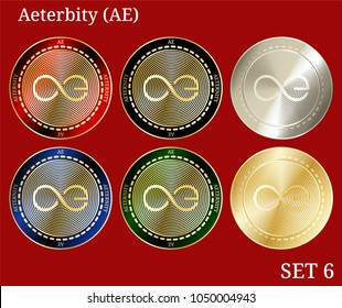 6 in 1 set of Aeternity (AE) cryptocurrency phisycal coins. Aeternity (AE) icon set #6. Vector illustration isolated on white background.