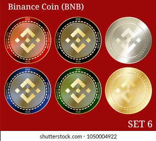 6 in 1 set of Binance Coin (BNB) cryptocurrency phisycal coins. Binance Coin (BNB) icon set #6. Vector illustration isolated on white background.