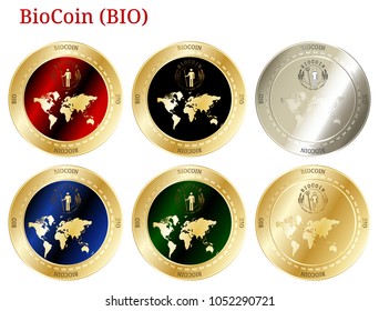 6 in 1 set of BioCoin (BIO)  cryptocurrency  highly detailed golden and silver phisycal coins. BioCoin (BIO) icon set. Vector illustration isolated on white background.