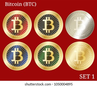 6 in 1 set of Bitcoin (BTC) cryptocurrency phisycal coins. Bitcoin (BTC) icon set #1. Vector illustration isolated on white background.