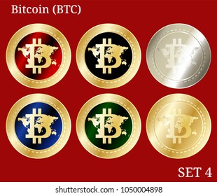 6 in 1 set of Bitcoin (BTC) cryptocurrency phisycal coins. Bitcoin (BTC) icon set #4. Vector illustration isolated on white background.
