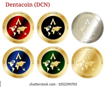 6 in 1 set of Dentacoin (DCN)  cryptocurrency  highly detailed golden and silver phisycal coins. Dentacoin (DCN) icon set. Vector illustration isolated on white background.