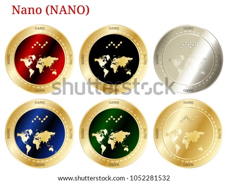 6 in 1 set of Nano (NANO)  cryptocurrency  highly detailed golden and silver phisycal coins. Nano (NANO) icon set. Vector illustration isolated on white background.