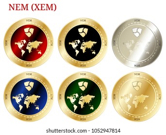 6 in 1 set of NEM (XEM)  cryptocurrency  highly detailed golden and silver phisycal coins. NEM (XEM) icon set. Vector illustration isolated on white background.