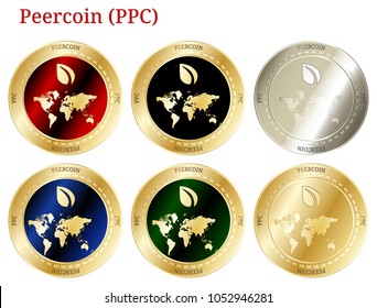 6 in 1 set of Peercoin (PPC)  cryptocurrency  highly detailed golden and silver phisycal coins. Peercoin (PPC) icon set. Vector illustration isolated on white background.