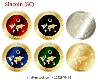 6 in 1 set of Siacoin (SC)  cryptocurrency  highly detailed golden and silver phisycal coins. Siacoin (SC) icon set. Vector illustration isolated on white background.