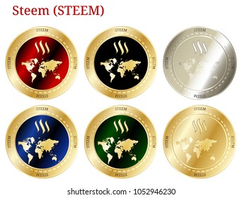 6 in 1 set of Steem (STEEM)  cryptocurrency  highly detailed golden and silver phisycal coins. Steem (STEEM) icon set. Vector illustration isolated on white background.