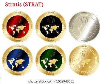 6 in 1 set of Stratis (STRAT)  cryptocurrency  highly detailed golden and silver phisycal coins. Stratis (STRAT) icon set. Vector illustration isolated on white background.