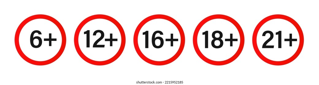 6 12 16 18, 21, plus years old icon vector set. Adults content. 6 12 16 18, 21 age restriction signs. Vector illustration