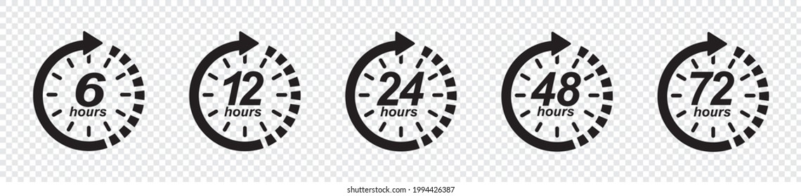 6, 12, 24, 48, 72 hours clock arrow. symbol work time, delivery and service time, isolated on white , vector icon Illustration