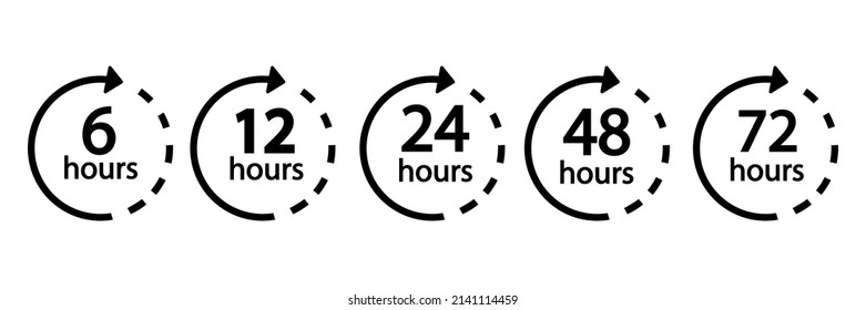 6 ,12, 24, 48, 72 hours clock arrow. Symbol work time.