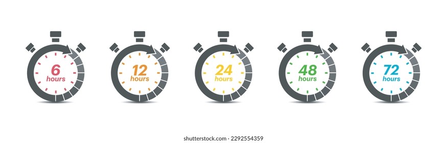 6, 12, 24, 48, 72 Stunden Pfeilsymbol in dünnen Linien flach Symbol Solid Stil. Zeitsymbole für Lieferdienste, Symbole für die verbleibende Zeit im Online-Handel.Vektorgrafik