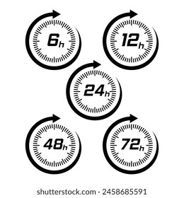 6, 12, 24, 48, 72 hours clock arrow. symbol work time, delivery and service time, isolated vector icon Illustration