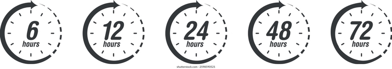 6, 12, 24, 48, 72 Hours Clock Arrow Icons Work Time, Delivery and Service Time Symbols
