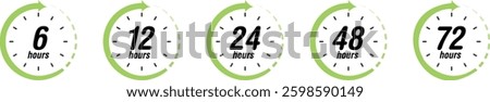 6, 12, 24, 48, 72 Hours Clock Arrow Icons Work Time, Delivery and Service Time Symbols