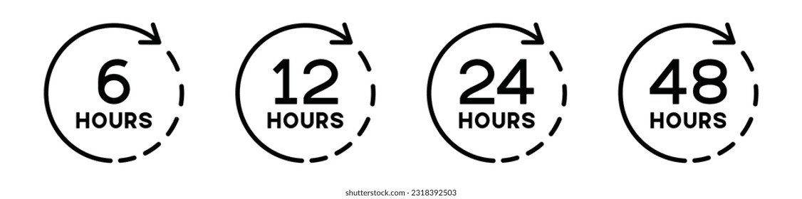 icono de 6, 12, 24 y 48 horas. Tiempo, reloj, hora en el estilo de línea sobre fondo blanco con trazo editable para la aplicación y el sitio web. Ilustración del vector