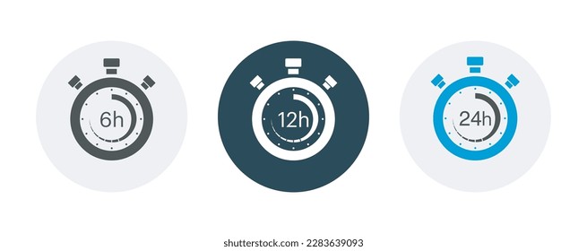 Die Symbole für die Auftragsausführung oder den Lieferservice sind 6, 12, 24 Stunden am Tag.Die Symbole für den Service sind einfach gestaltet. 6 Stunden, 12 Stunden, 24 Stunden Uhr Symbol Symbol mit Pfeil-Loop-Vektorsymbol 