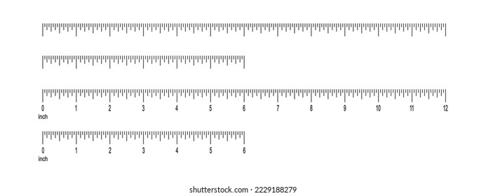 Escala de regla de 6 y 12 pulgadas con y sin números. Gráfica de medición de 1 pie con marcado. Matemáticas de medición de distancia, altura o longitud o herramienta de coser. Ilustración gráfica del vector