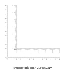 6 and 12 inches or 1 foot corner ruler template. Measuring tool with imperial units vertical and horizontal markup and numbers. Vector outline illustration isolated on white background