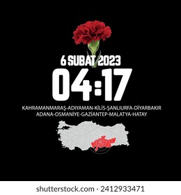 6 şubat 2023 04:17 Kahramanmaraş Pazarcık Depremi. 6 February 2023. Kahramanmaraş Adıyaman Kilis Şanlıurfa Diyarbakır Adana Osmaniye Gaziantep Malatya Hatay.